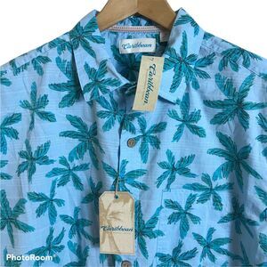 CARIBBEAN Shirt Mens Sz XL Short Sleeve Camp Hawaiian Palm Tree Blue Cotton $69